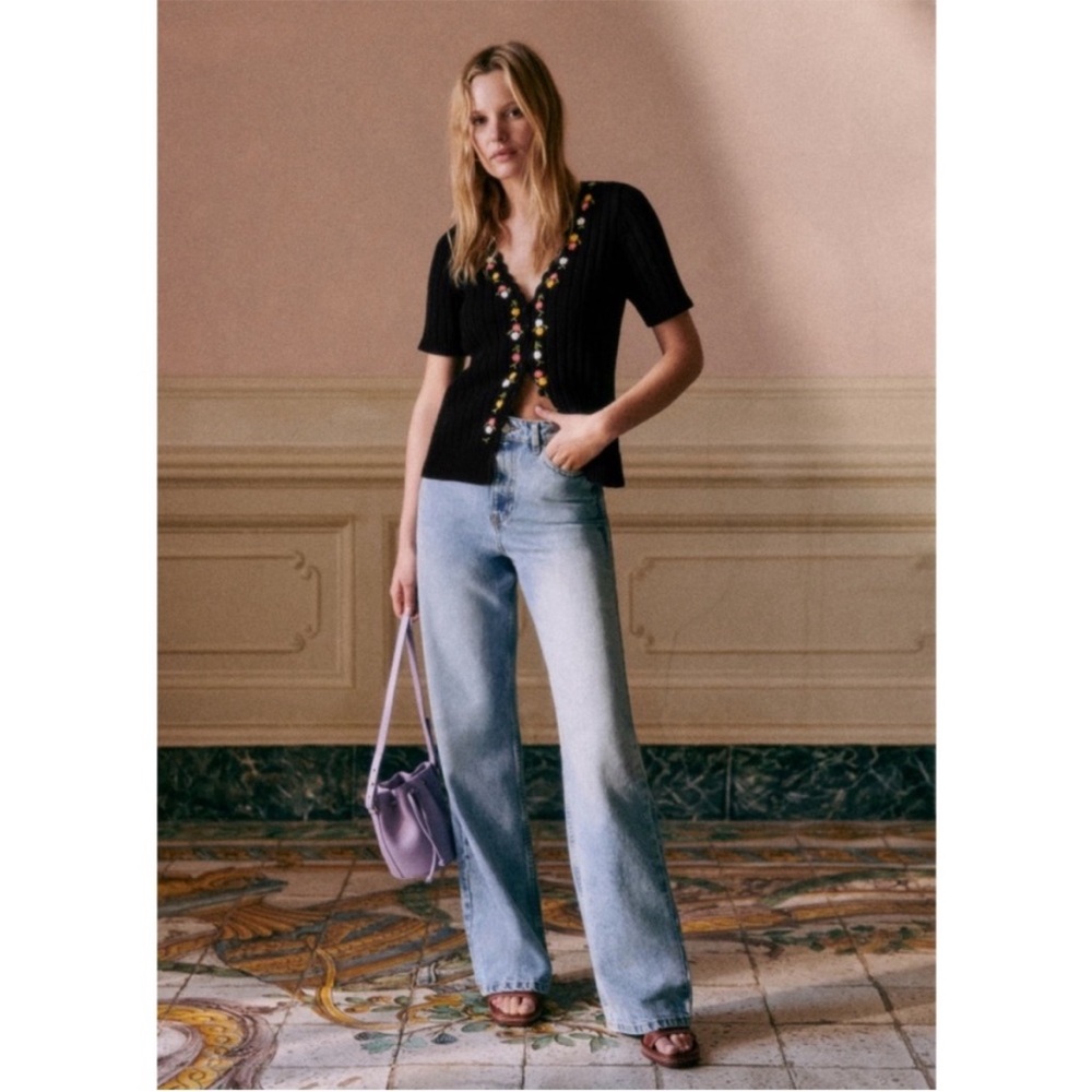 SEZANE NWT Black Floral Embroidered Short Sleeve Ribbed Knit Iliana Cardigan - Picture 6 of 13